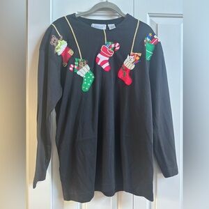Women’s pull over Black Long Sleeve Tee w/ Festive Christmas designs -M